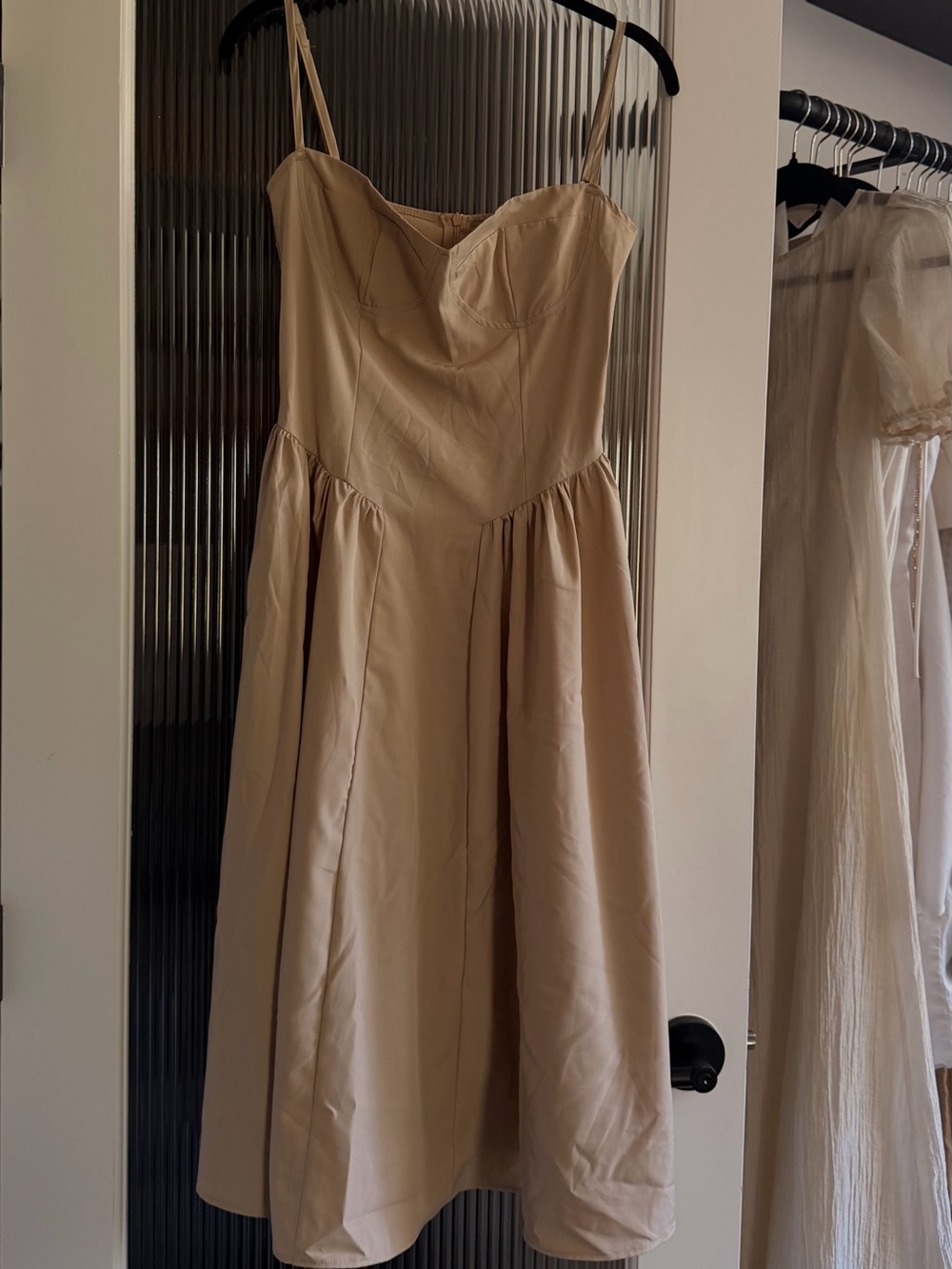 Italian Corset/Bodice Top Adjustable Strap A-line Midi Dress, Cream, Small